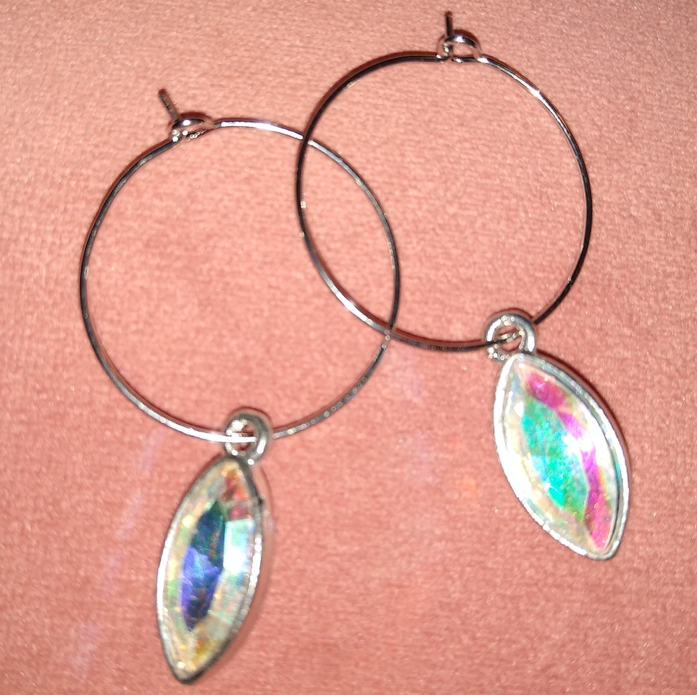 Marquis AB Rainbow Rhinestone Silver Hoop CZ Crystal Dangle Earrings Hoops New